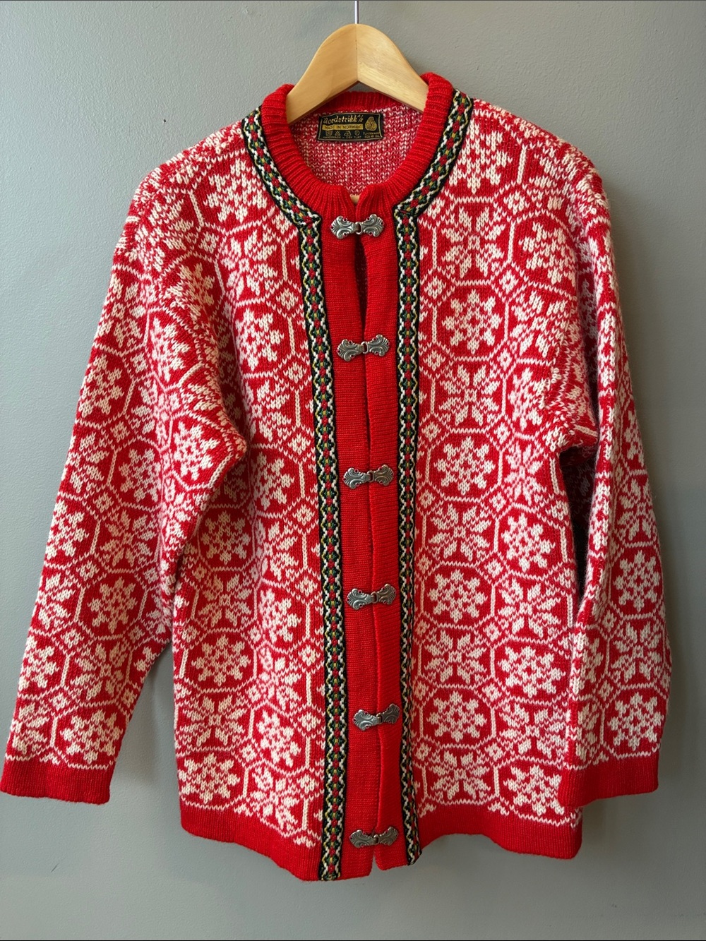 Nordstrikk’s Vintage Norwegian Red & White Wool Cardigan with Pewter Clasps